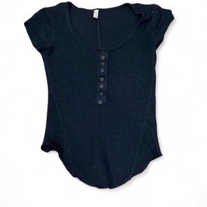 Free People Black Buttoned Short Sleeve Top